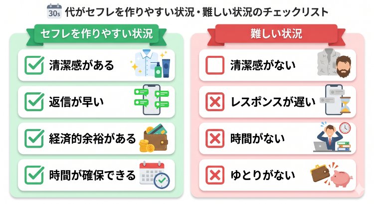30代がセフレを作りやすい状況と難しい状況を比較したチェックリスト