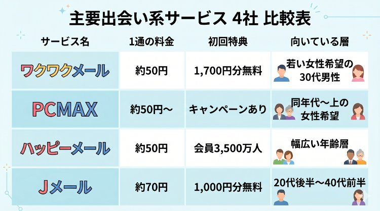 ワクワクメール・PCMAX・ハッピーメール・Jメールの料金・特徴比較表